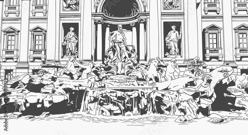Cuadro en lienzo Graphic Illustration of Trevi Fountain Rome Black and White Sketch