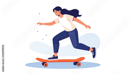 Woman Riding Skateboard with Dark Hair.