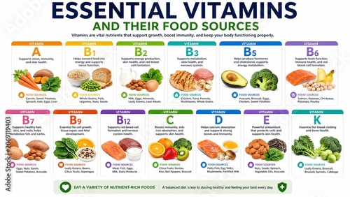 Essential Vitamins and Their Food Sources Educational Nutrition Infographic
