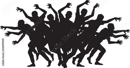 Εκτύπωση καμβά A large crowd of zombie men silhouettes vector illustration on transparent background, lunging and grabbing, great for horror themes