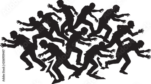 Εκτύπωση καμβά A group of zombie men silhouettes vector illustration on transparent background, running and attacking, perfect for horror or halloween designs