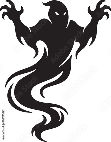 фотографія Black silhouette of spooky ghost with raised arms and flowing tail isolated on transparent background for halloween party graphic design elements