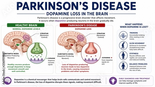 Parkinson's Disease Medical Infographic Brain Dopamine Loss Diagram