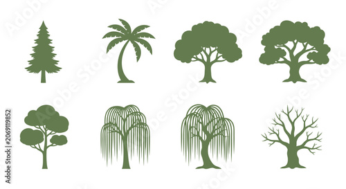 Set of Various Tree Silhouettes Featuring Diverse Botanical Species Including Conifer Palm Willow Oak and Bare Winter Forest Shapes for Natural Design