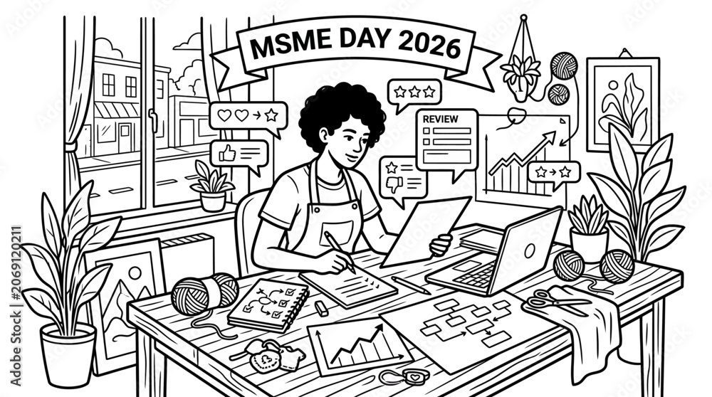 Fototapeta premium Small Business Owner Working, MSME Day 2026 Celebration, Entrepreneurship, Online Reviews