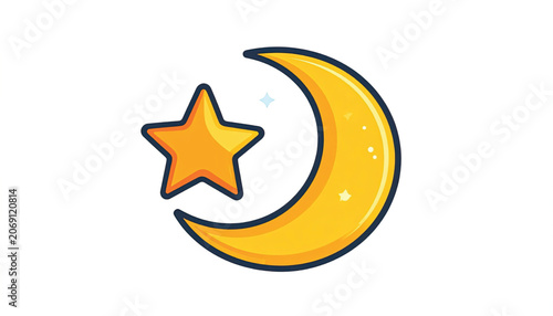 Yellow crescent moon with star.