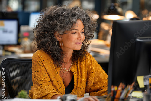 Focused Professional at Work: A mature woman with striking grey curly hair and a warm smile is diligently working on her computer in a modern office environment.