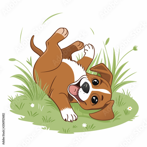 cute boxer puppy silhouette rolling on grass playful motion vector