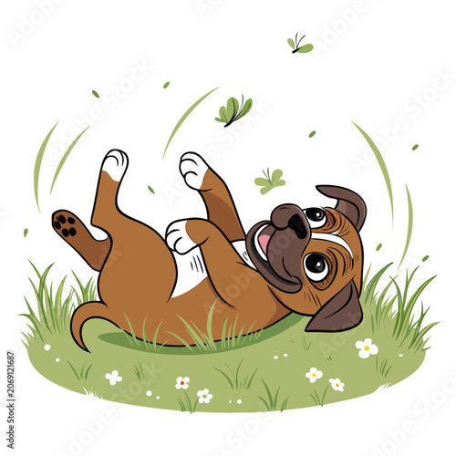 cute boxer puppy silhouette rolling on grass playful motion vector