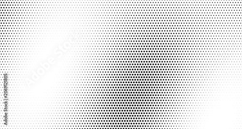 Halftone gradient pattern composed of small black squares on a white background, transitioning from dense to sparse in a geometric arrangement