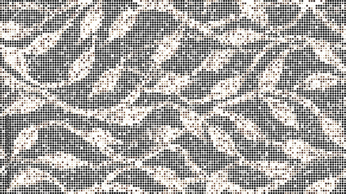 Intricate floral lace pattern rendered in a halftone dot style with dark gray and brown squares on a white background, surface texture