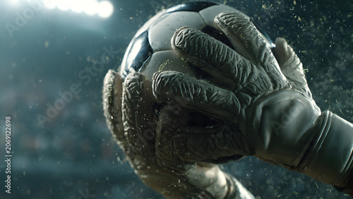 Soccer Goalkeeper Hands Catching Ball in Stadium Close Up