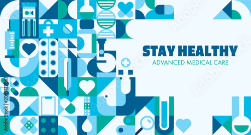 Canvas-taulu Medicine and health care banner with blue green geometric pattern featuring flask, test tube, pill, bandage and thermometer