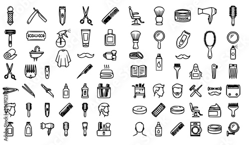 Photos Hair Salon and Barbershop Line Icons with Clipper Comb Razor and Grooming Symbol
