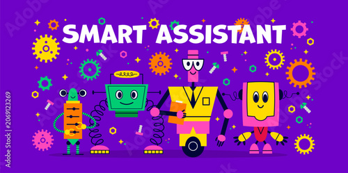 Foto Smart assistant technology banner with funny robots and droids with smiling faces, springs and gears around
