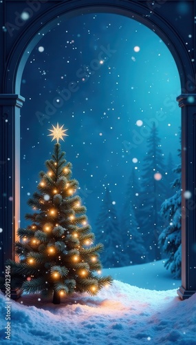 Elegant blue Christmas banner, wide arched design, ample copy space , layout, arch