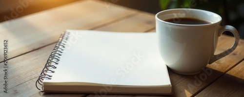 Empty notebook, mug of coffee, wooden surface, natural light, minimal, design