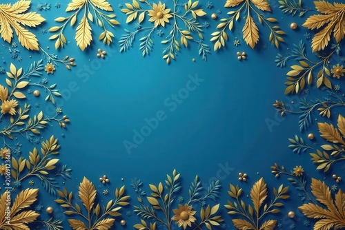 Geometric golden plant pattern, isolated on blue backdrop, flatlay, pattern