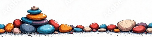 Hand-drawn vector pebbles, diverse shapes, pyramid, black outline, dotted texture , pebbles, spa, background