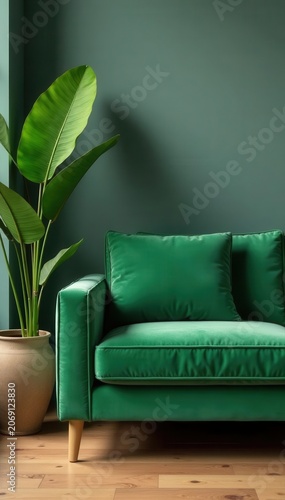 Green velvet sofa, tropical plant, wooden floor, grey walls, brown, elegant