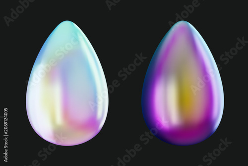 Holographic liquid teardrop vector elements with chrome metallic reflection on black background. Futuristic modern concept art.