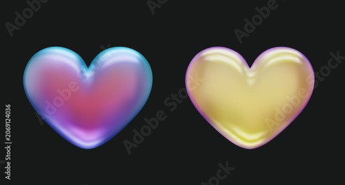 Glossy holographic heart icons with smooth metallic chrome texture set on dark background. Futuristic modern concept art.