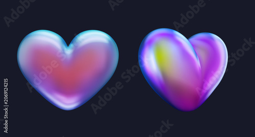 Collection of holographic metallic hearts with iridescent colorful reflection in frontal and side views. Futuristic modern concept art.
