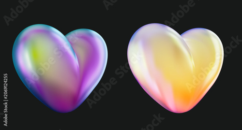 Futuristic 3D metallic heart shapes with holographic gradient reflections and turned angle.