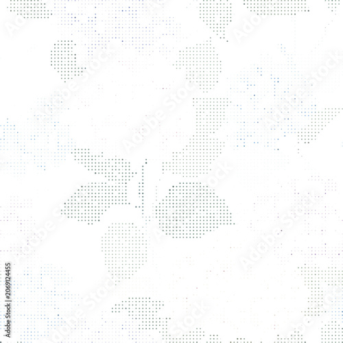 Subtle floral halftone pattern with soft blue and grey dots forming leaf shapes on a white background, creating a delicate and airy texture