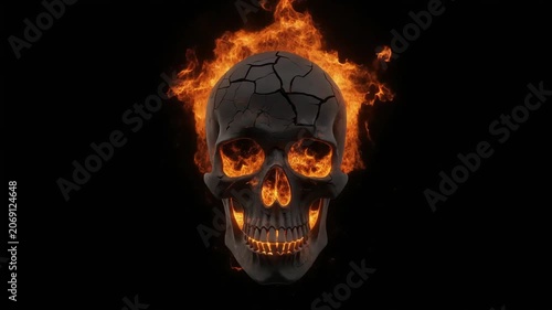 Burning skull animation featuring intense glowing fire flames inside eyes and cracks on a dark isolated black background video footage