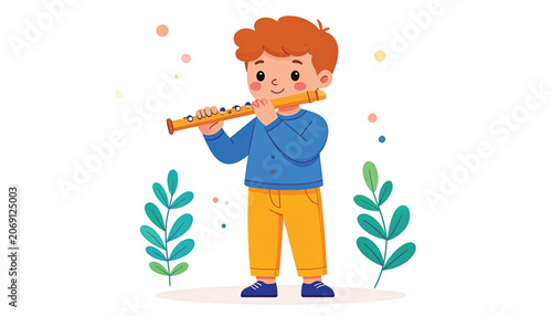 Young Boy Playing a Flute Instrument.