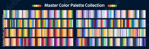 Neutral, cool and warm color harmony palette swatches with numbers. Professional color palette collection features numerous thin vertical swatches. Color guide for graphic design or interior projects