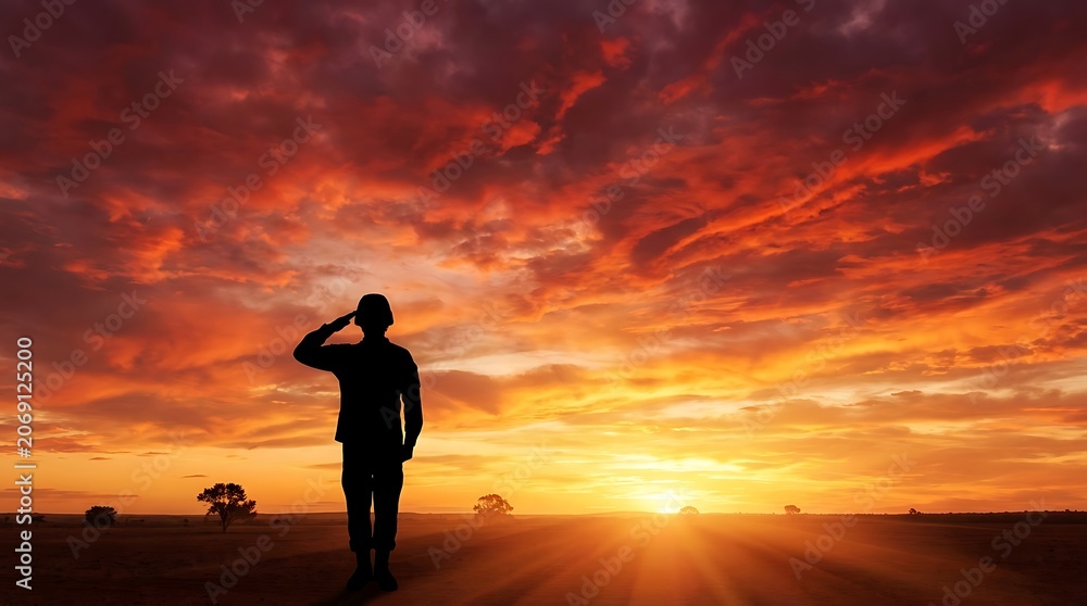 Fototapeta premium A silhouette of a soldier saluting at sunset, with a dramatic sky and a vast landscape