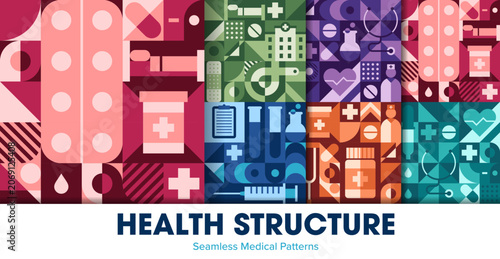 Health and medicine geometric seamless patterns. Medical background of healthcare and hospital, doctor and pharmacy science abstract mosaic. Medicine cross, pills, stethoscope, heart and syringe shape