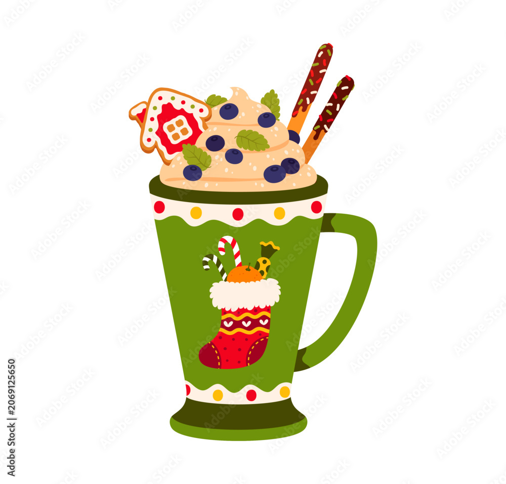 Fototapeta premium Green Christmas holiday mug, cozy festive sweet seasonal dessert for celebration filled with eggnog, creamy whipped topping, fresh blueberry, gingerbread house cookie, chocolate dipped biscuit sticks
