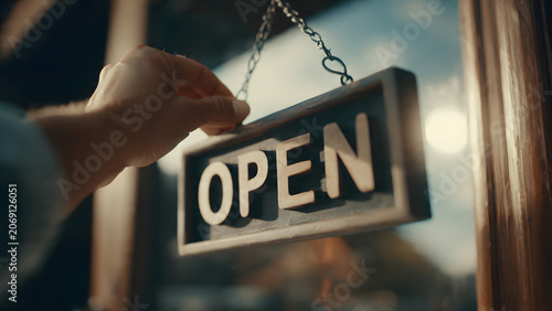 Hand placing an open sign on a shop door window
