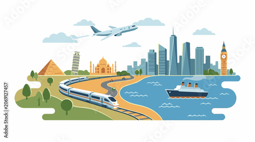 Colorful illustration of transportation and landmarks around the world