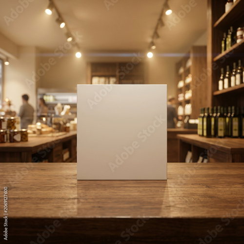 Espaço vazio para mockup em um balcão de madeira dentro de uma loja de produtos orgânicos