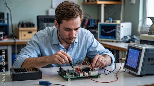 Engineer working on electronic circuit board with oscilloscope and testing equipment concept of technology and innovation in a modern lab