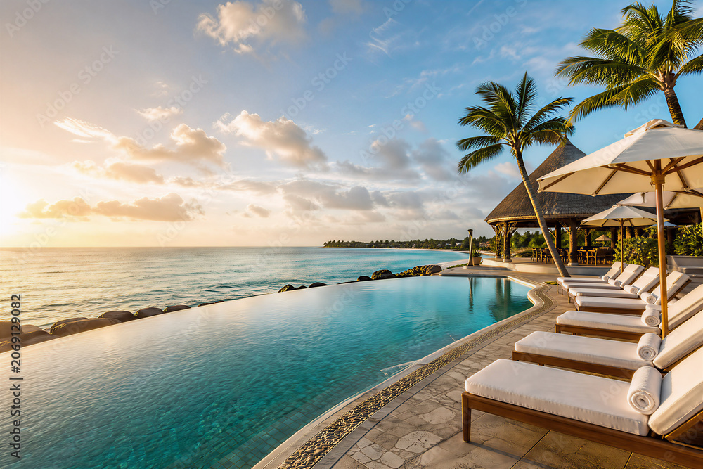 Fototapeta premium Beautiful infinity pool at luxury tropical beach resort during golden sunset