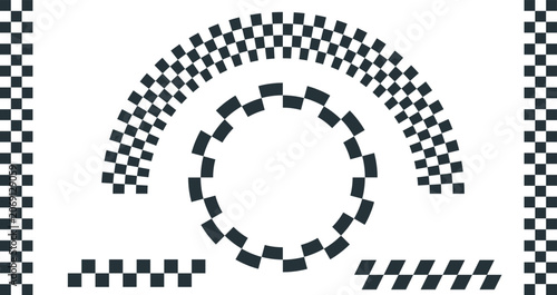 Checkered pattern brush set. Black and white curved strokes, circular borders, and angled lines vector. Racing flag curved border collection. Monochrome motorsport checkered arch and circle