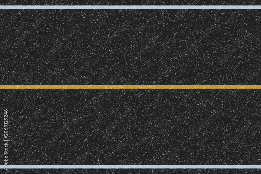 Obraz premium Solid yellow line road texture. Top down view of two way asphalt highway with no passing zone markings. Rough grainy road.