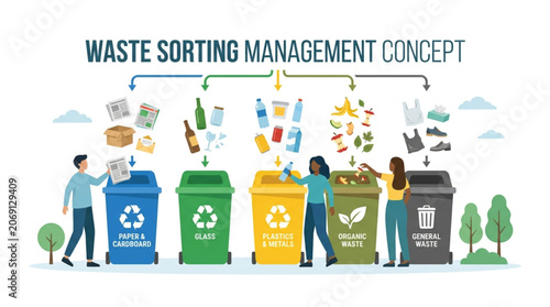 Diverse people actively sorting different types of waste into color-coded bins in a flat lay illustration with a focus on recycling and environmental responsibility