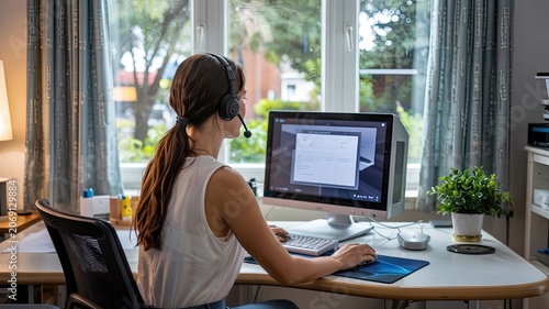 Woman wearing headset working on computer at desk in home office focused on screen with natural light from window