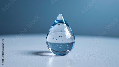 Clear blue water drop with reflections a symbol of purity and hydration isolated on a light blue background with soft shadows
