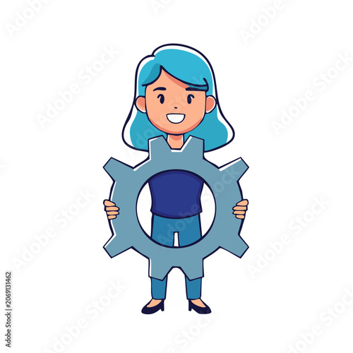 Cartoon woman holding large gear