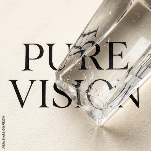 Clear glass prism refracting the text pure vision on textured paper