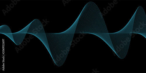 Abstract blue wavy lines of the sound wave. Dynamic gradient pulsating wave. Musical neon concept, symbols of the frequency of digital music. Vector illustration on a black background