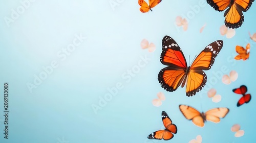 Breezy morning in summer meadow, butterflies moving with wildflower petals