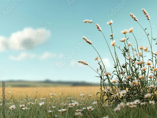 Peaceful summer field, breeze moving gently through blooming wildflowers